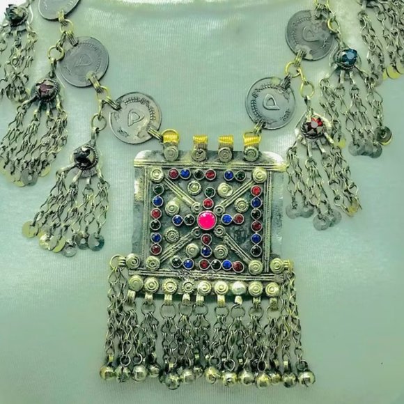 Silver Vintage Coins Chain Necklace, Tribal Big Pendant Necklace - Picture 6 of 9